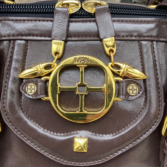 IMAN Brown Faux Leather Double Handle Satchel Travel Bag - Picture 3 of 7